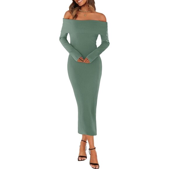 Merokeety Women's Dustygreen Off Shoulder Long Sleeve Elegant Bodycon Midi Dress - Picture 3 of 9